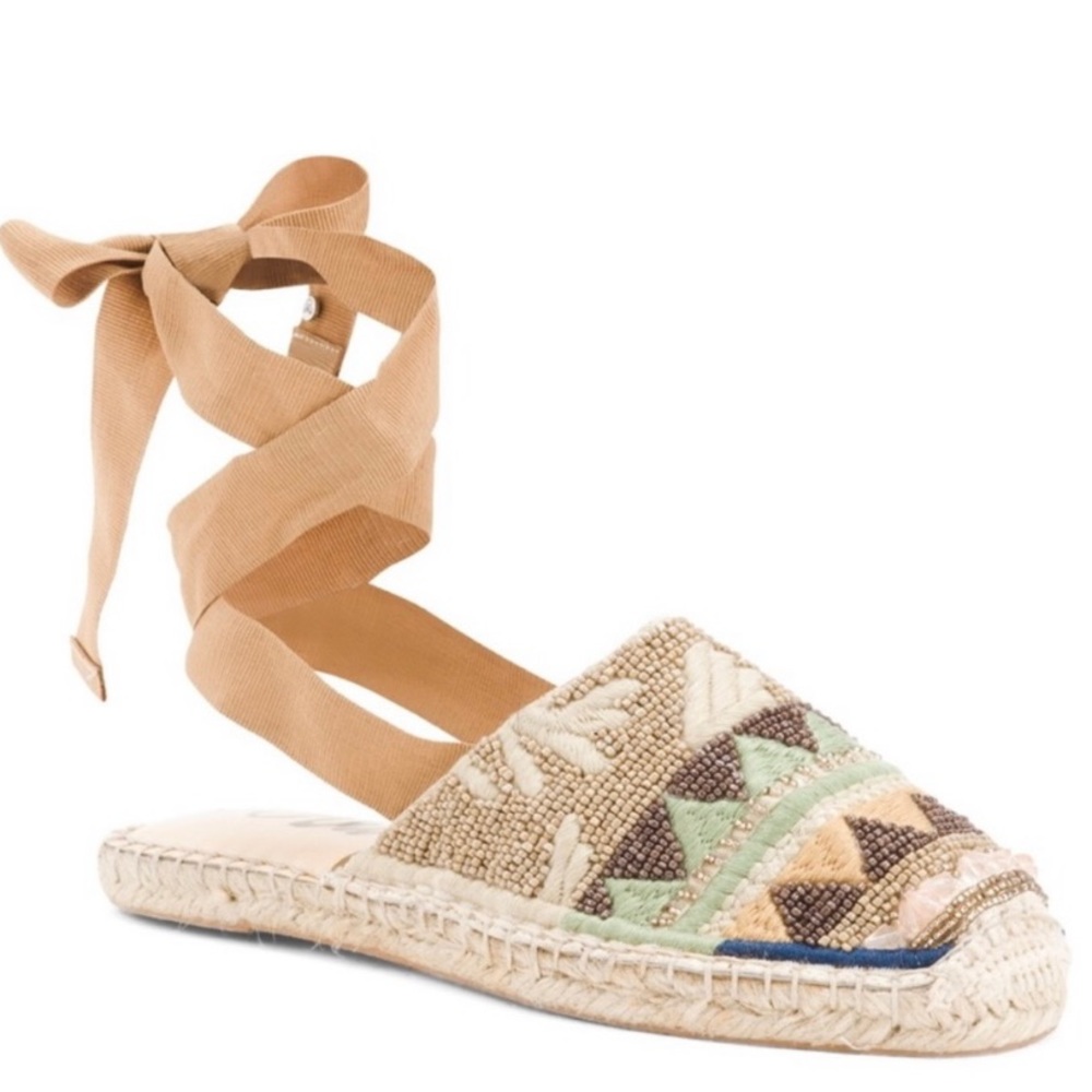 Sam Edelman Karolyn Multicolor Beaded Ankle Ribbon Tie Espadrille Sandals Size 9